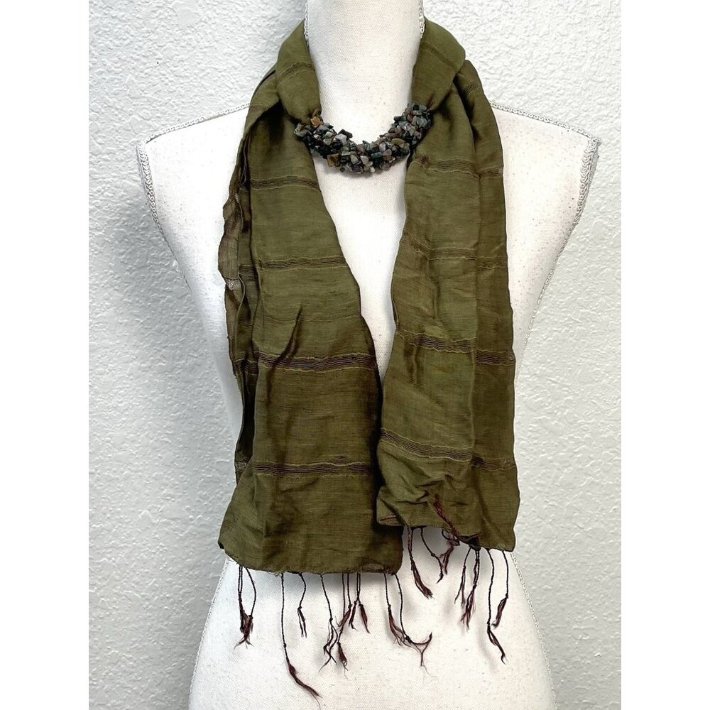 60" Olive Green Lightweight Ribbed SCARF w/ Stone Beads & Fringe EUC